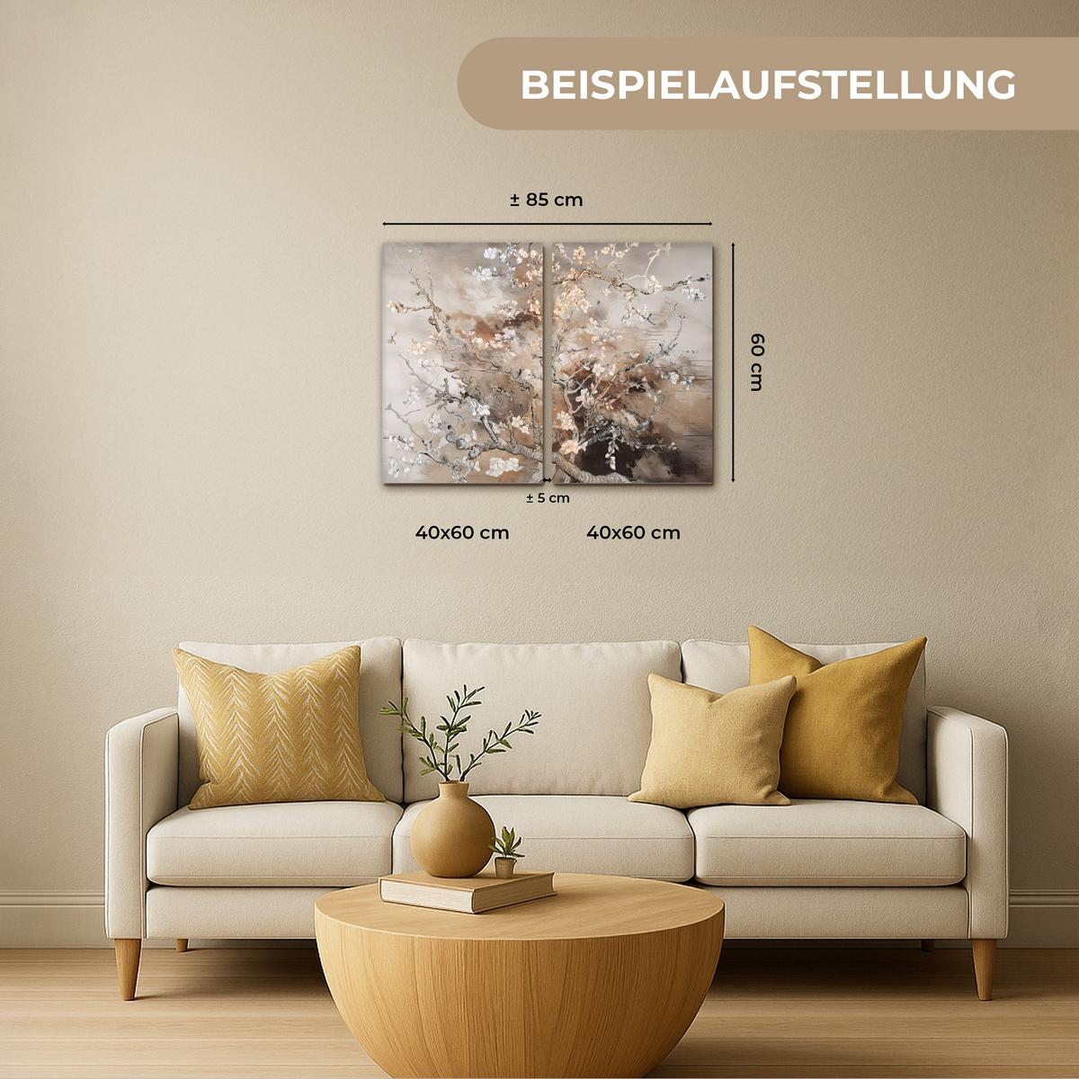 LEINWANDBILD 2er Set Mandelblüte - Abstrakt - Beige 80x60 cm - Beige, Textil (80/60cm) - MuchoWow