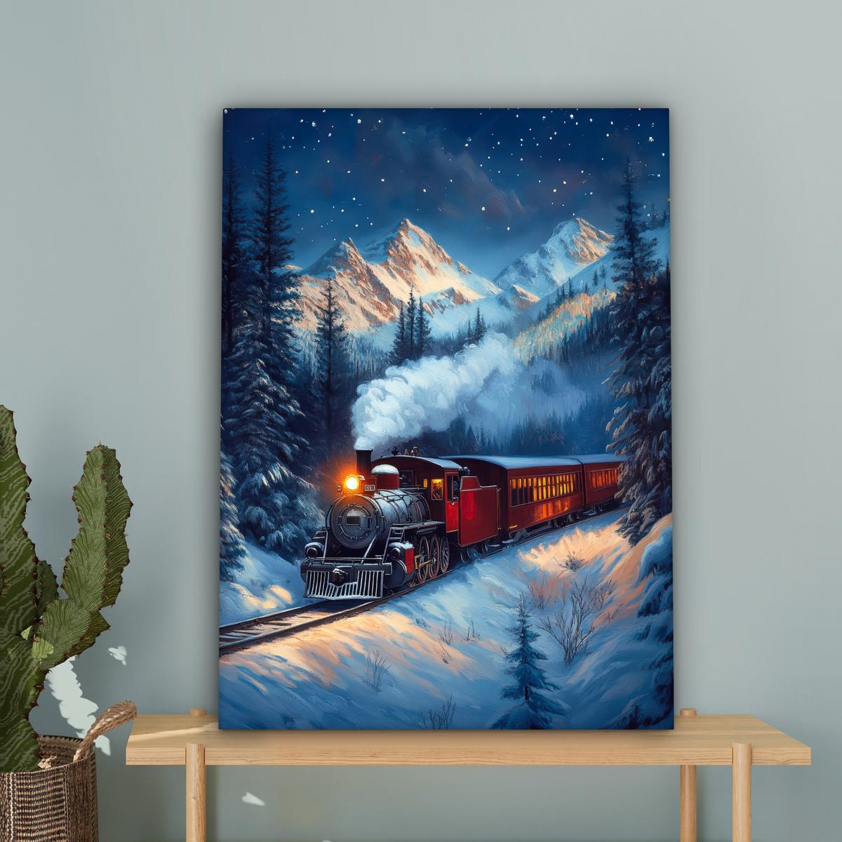 LEINWANDBILD Zug - Weihnachten - Schnee - Weihnachtszug Wandbild Wohnzimmer 60x80 cm - Anthrazit, Textil (60/80cm) - MuchoWow