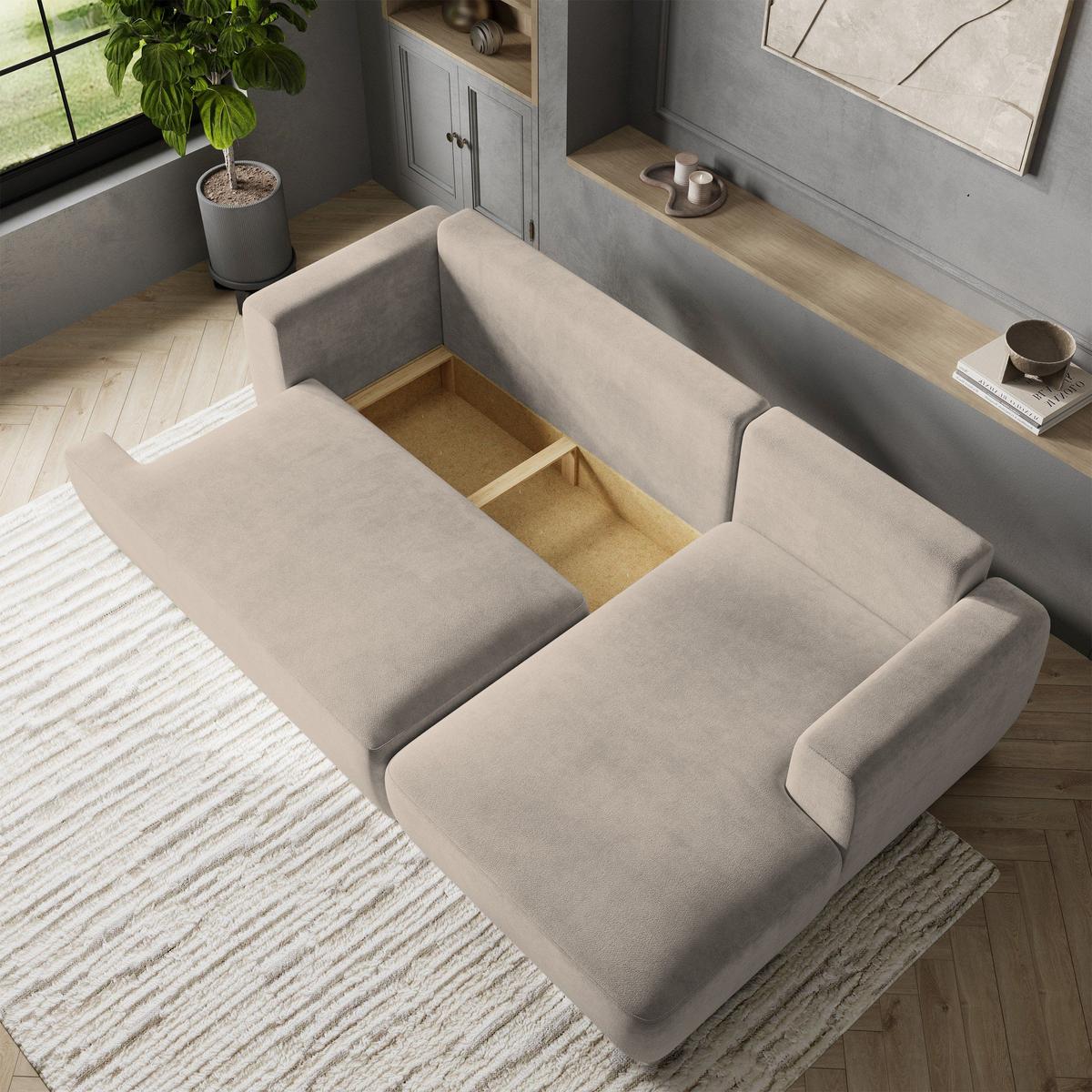 ECKSOFA SENTI K R-S Beige Plüsch-Stoff mit Schlaffunktion - Beige/Schwarz, Holz/Kunststoff (246/148cm) - MASSENO