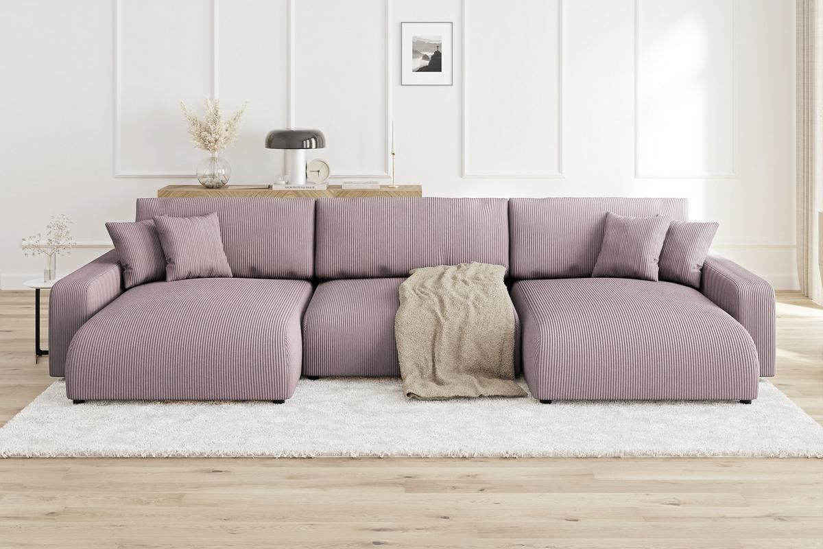 WOHNLANDSCHAFT Emma Puderrosa Cord - Pink/Schwarz, Holz/Kunststoff (332/78/170cm) - S-Style Möbel