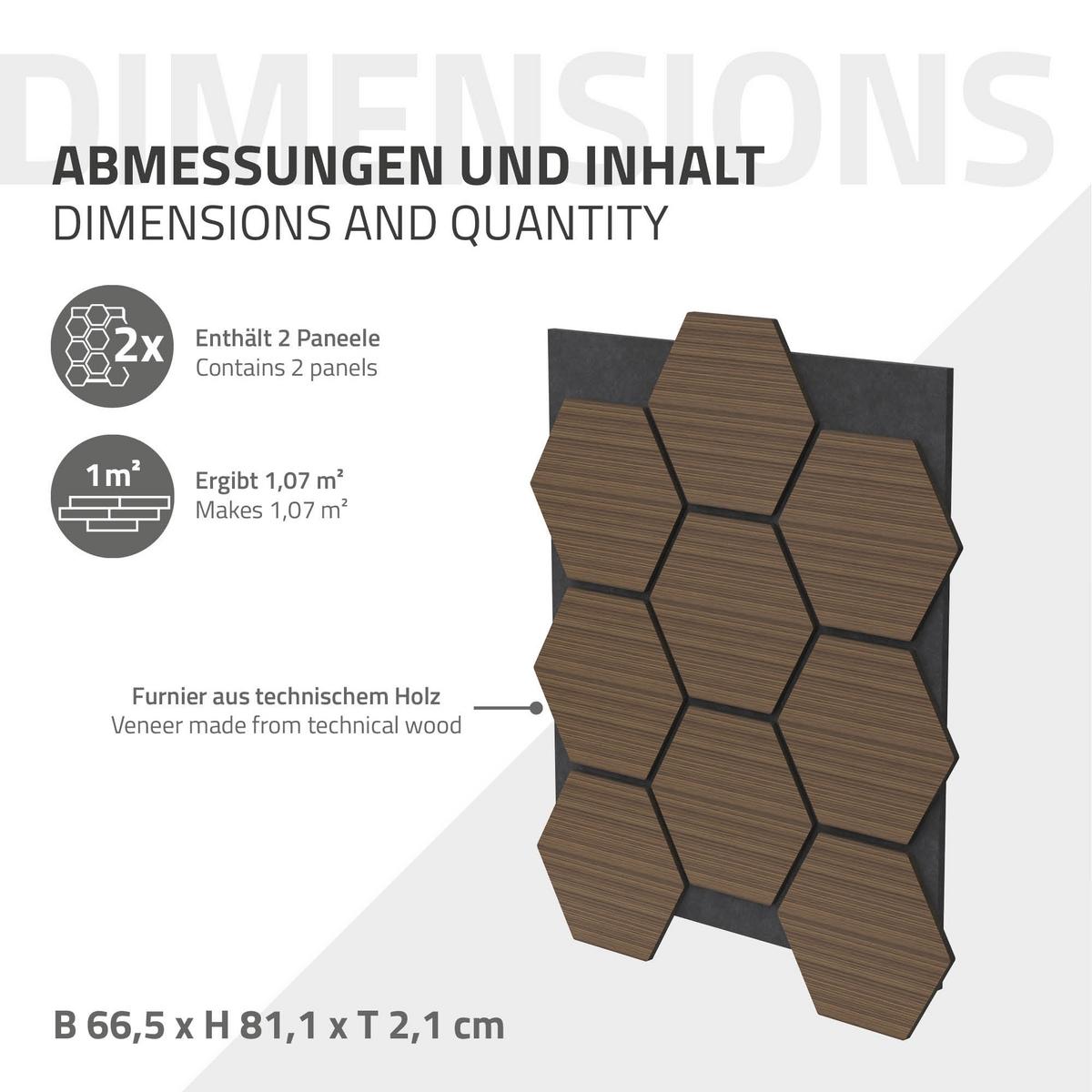 AKUSTIKPANEEL 2er Set Schallschutzplatten Hexagon Braun Holzoptik 66x81x2 cm aus Filz - Braun, Holzwerkstoff (2.1/81.1/66.6cm) - ML-DESIGN