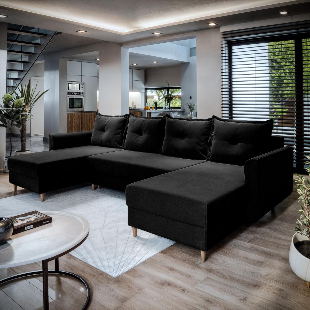 WOHNLANDSCHAFT VERNI Schwarz Plüsch-Stoff mit Schlaffunktion - Schwarz/Braun, Holz/Textil (285/91/143cm) - MASSENO