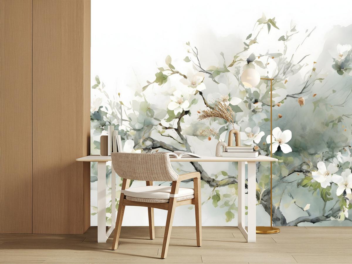 FOTOTAPETE für Wohnzimmer Aquarellbaum Blumen Natur 200x140 - Beige/Weiß, Papier (200/140cm) - Muralo