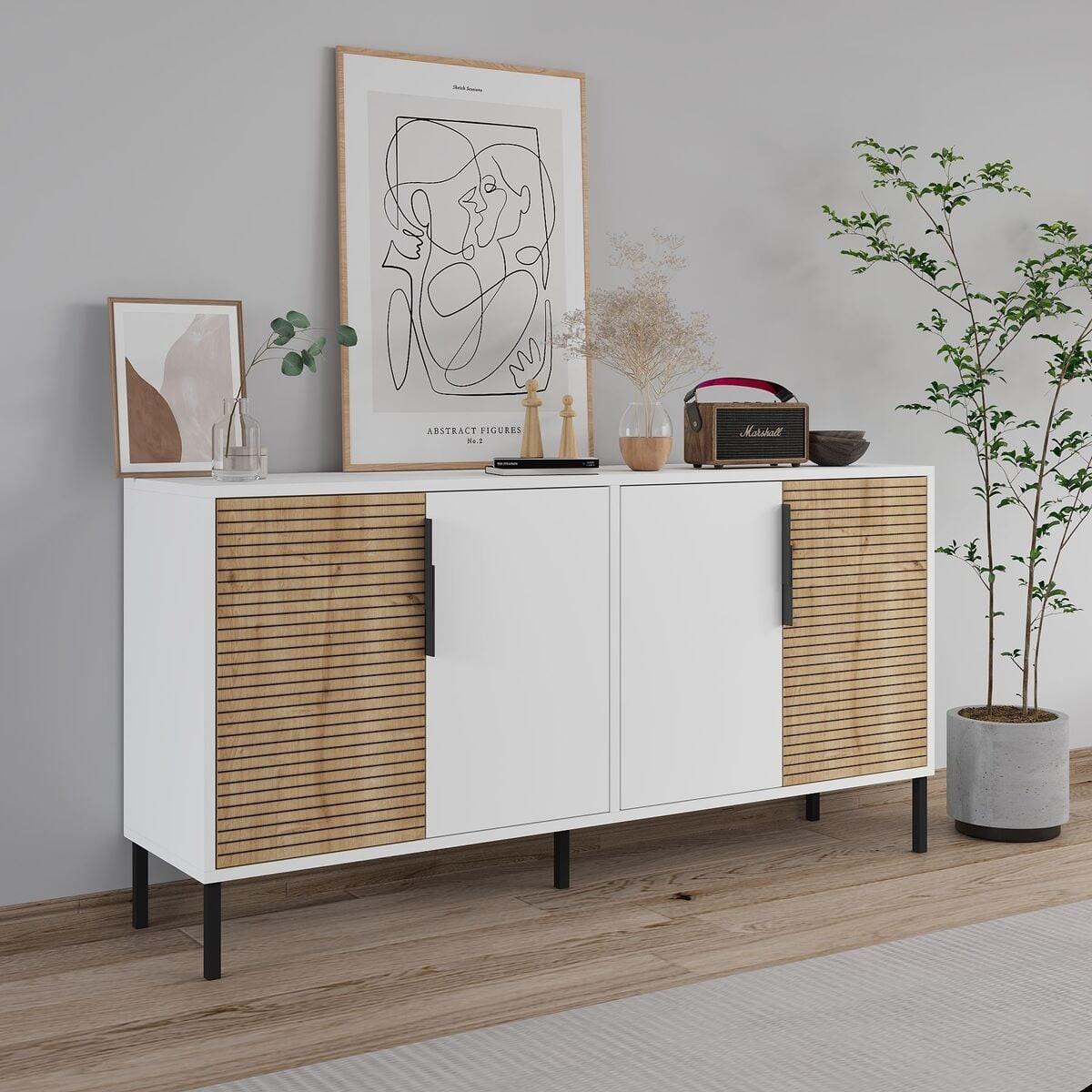 SIDEBOARD mit 4 Türen, Dekor in Weiß und Saphir-Eiche 36/150/75 cm - Weiß, Holzwerkstoff (36/75/43cm) - Calicosy
