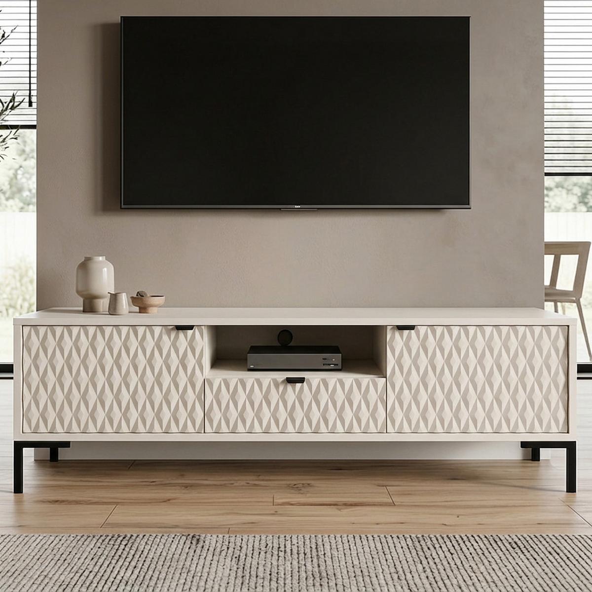 LOWBOARD Montreal mit 2 Türen, 1 Schublade und offenem Fach, dekorative 3D-Fronten, Kaschmir - Kaschmir/Schwarz, Holzwerkstoff/Metall (150/47/40cm) - Beautysofa