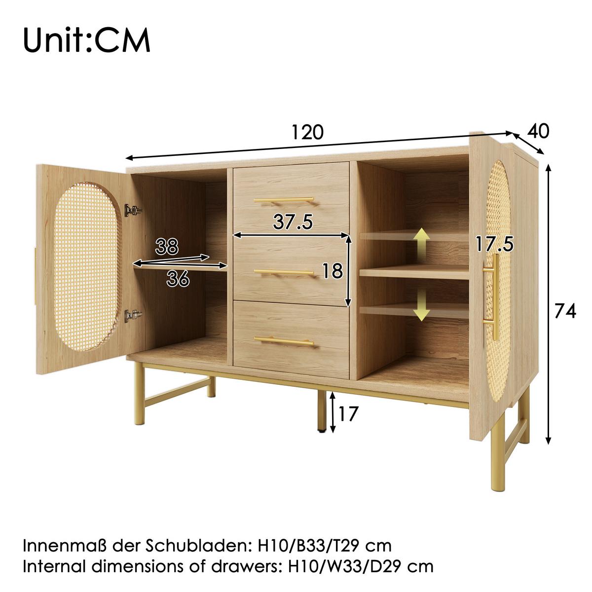 SIDEBOARD mit Rattan-Türen, 100x40x60 cm - Eiche San Remo, Holzwerkstoff/Metall (120/74/40cm) - Urban Meuble