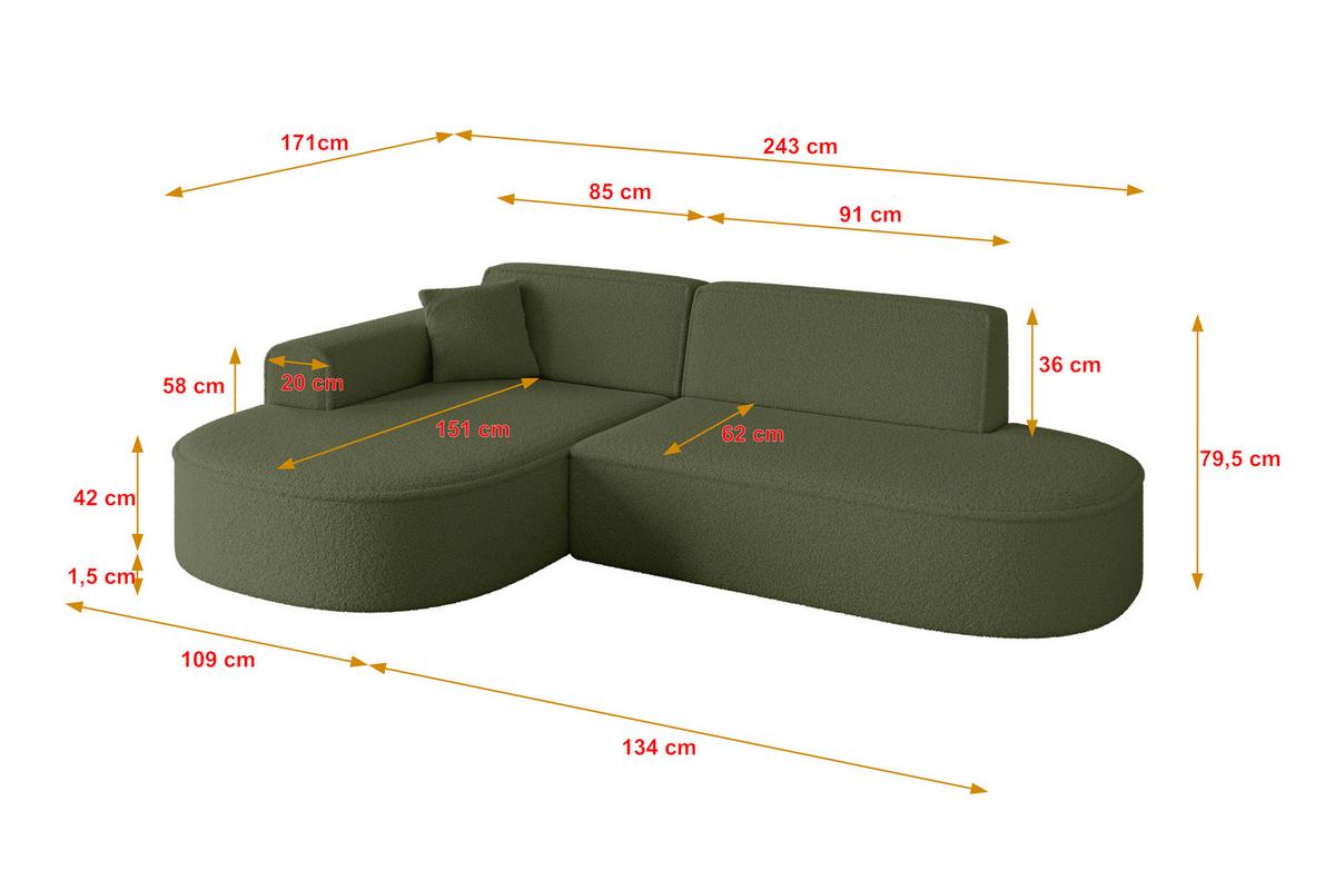 ECKSOFA Ottomane Links MARI-L1 - 243x171x79 cm Grün Bouclé - Schwarz/Grün, Holzwerkstoff/Kunststoff (163/234cm) - ALTDECOR