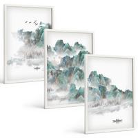 BILDER SET 3er Set - 40x60 cm Weißer Rahmen - Berge, Wolken, Vögel, Boot, Japandi - Weiß, Kunststoff (40/60cm) - TULUP