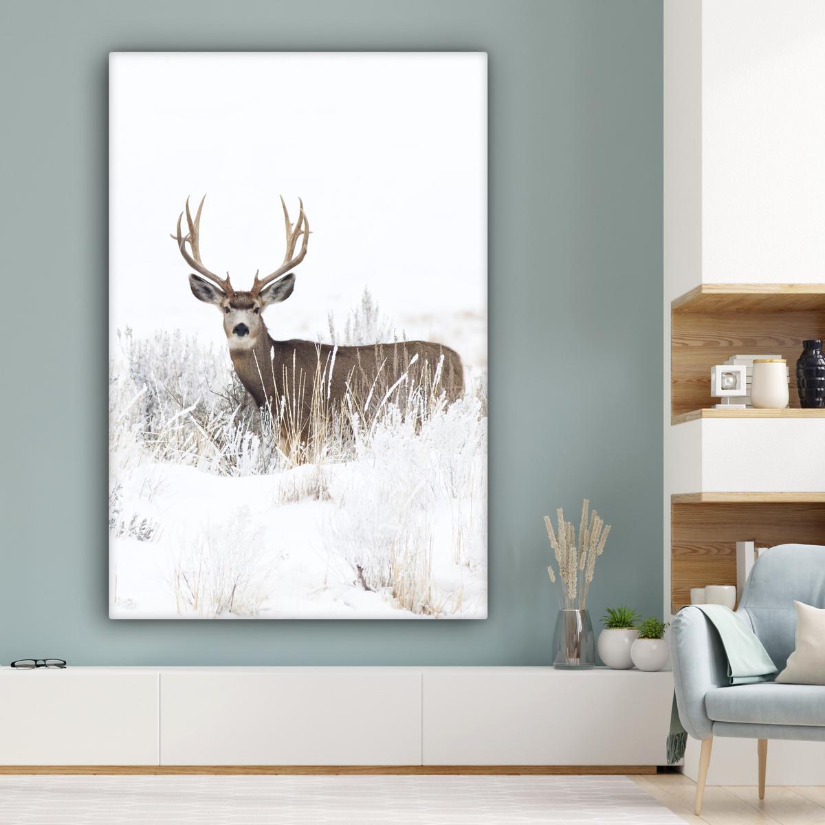 LEINWANDBILD Hirsche - Winter - Schnee - Tiere - Jahreszeiten - Weiß Deko Groß 90x140 cm - Hellbraun, Textil (90/140cm) - MuchoWow