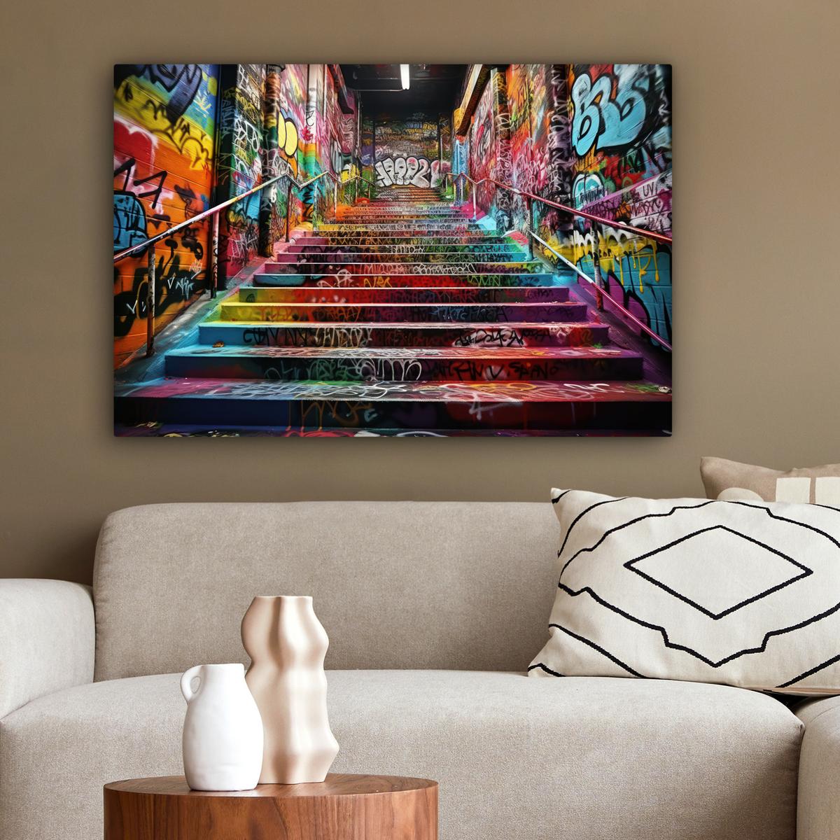 LEINWANDBILD Treppe - Graffiti - Farben - Kunst Gemälde 60x40 cm - Multicolor, Textil (60/40cm) - MuchoWow