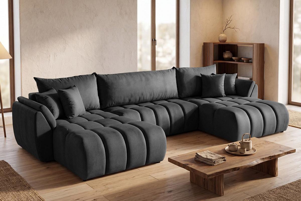 ECKSOFA Iris U mit Schlaffunktion und Bettkasten, U-Form – Grau Samt 382/184/85 cm - Schwarz/Grau, Kunststoff/Textil (382/184cm) - WFL GROUP