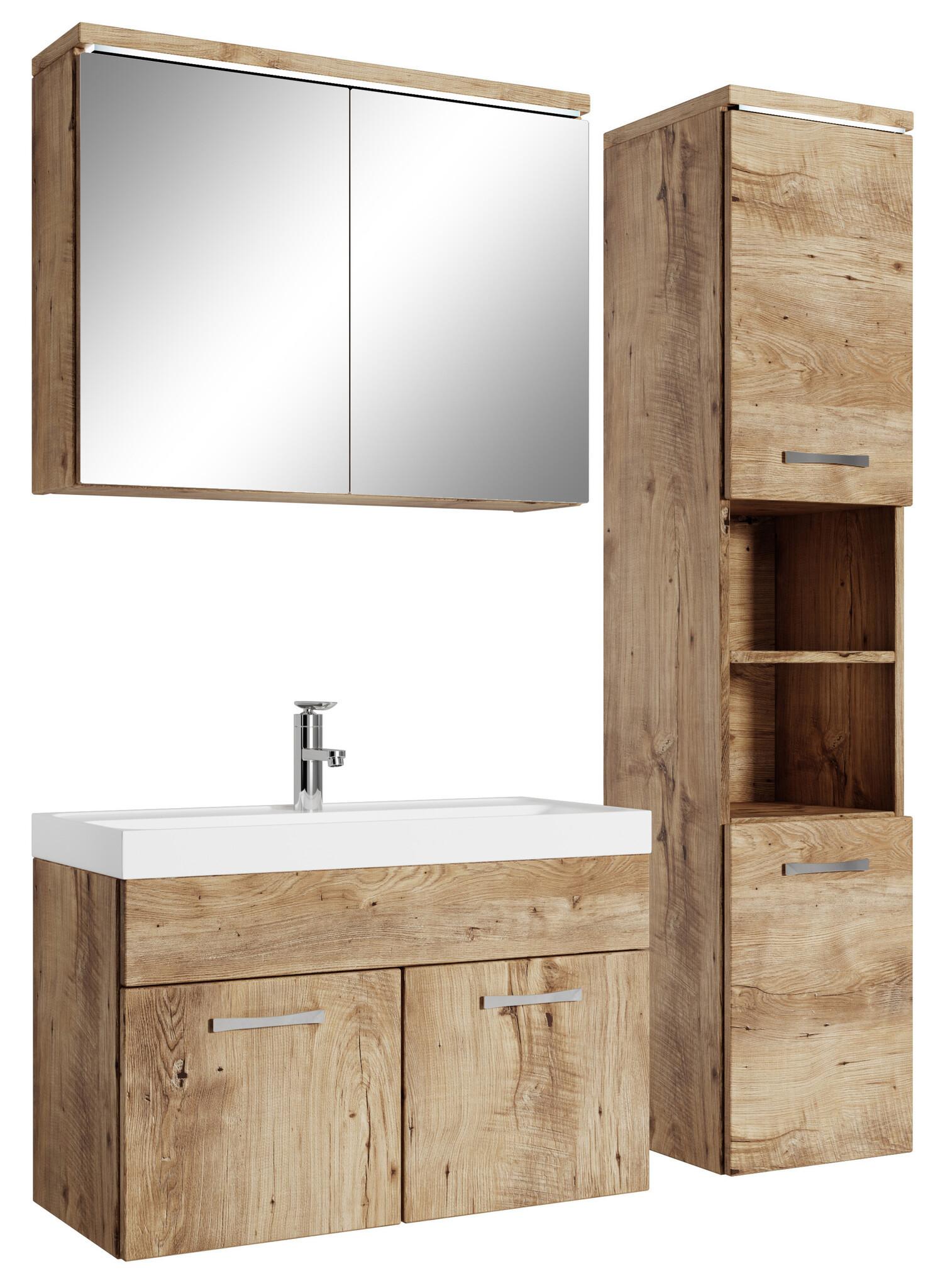BADMÖBEL-SET Paso LED 4 Teile Kastanien Eiche - 80 x 35 x 55 cm - Kastanienfarben/Eichefarben, Holz (80/55/40cm) - Badplaats