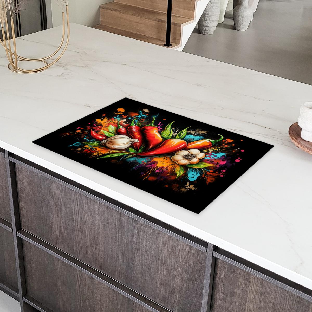 HERDABDECKPLATTE Gemüse - Paprika - Knoblauch - Graffiti - Farbe - Bunt Induktionsschutz 80x52.2 cm - Rot, Kunststoff (80.2/52.2/0.2cm) - MuchoWow