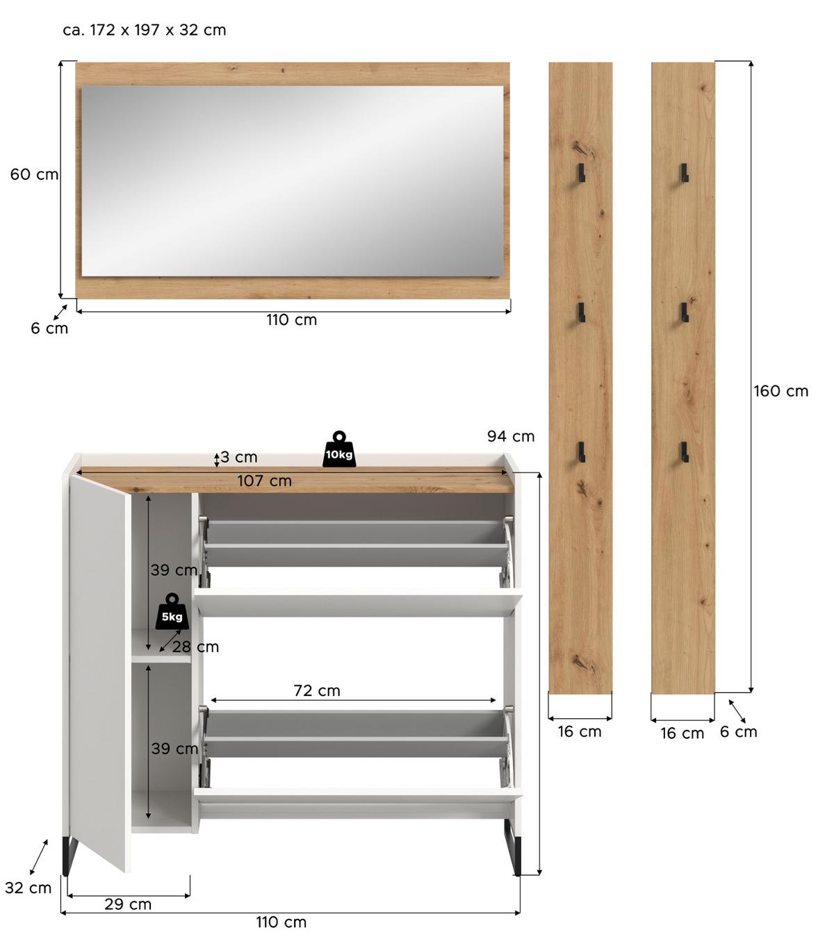 GARDEROBEN-SET weiß, Eiche Artisan 4-teilig 172 cm, Kombination mit Soft-Close - Schwarz/Weiß, Glas/Holzwerkstoff (172/197/32cm) - Inn.Furn