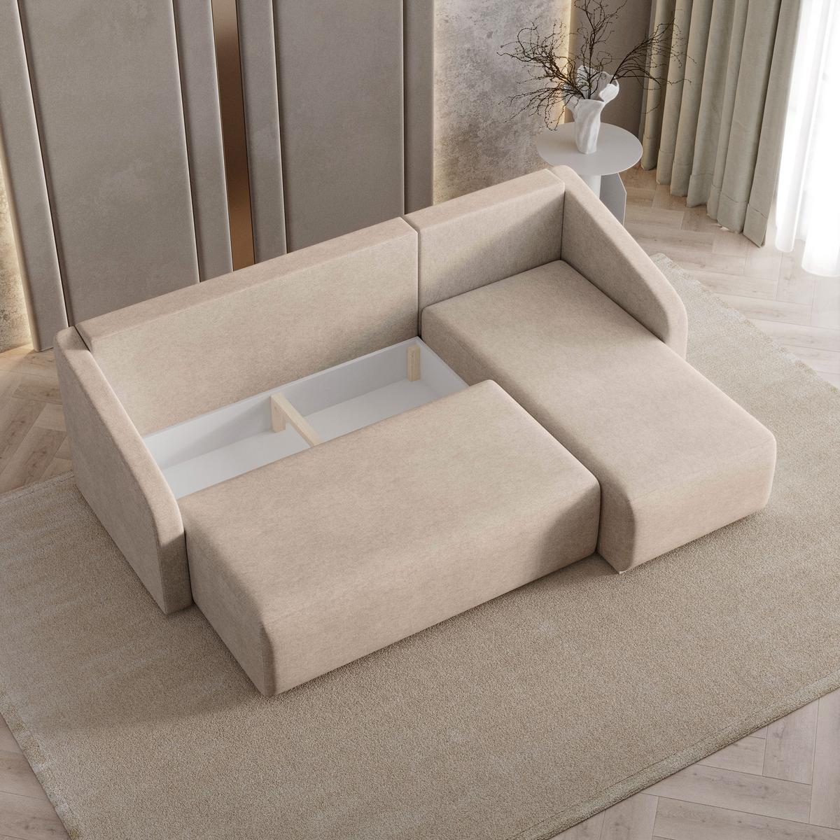 ECKSOFA MARELLO Beige Geflochtener Stoff mit Schlaffunktion - Beige, Holz (220/143cm) - MASSENO