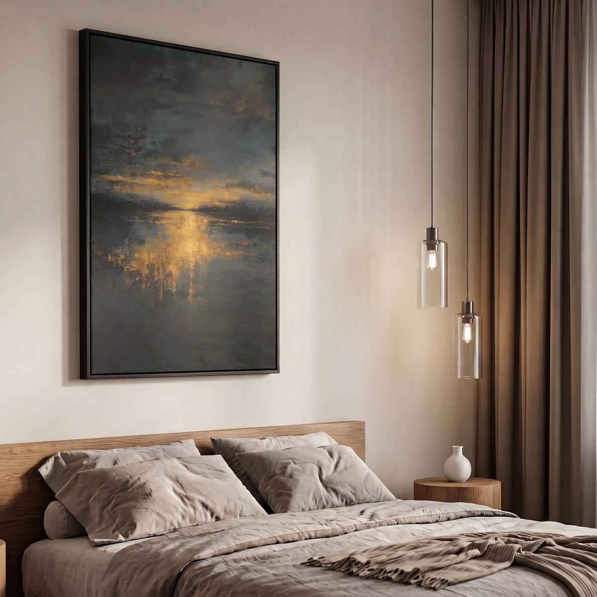 LEINWAND Bilder mit Rahmen - Goldene Reflexion auf dem Wasser - 60x90 - Anthrazit, Textil (60/90cm) - MuchoWow