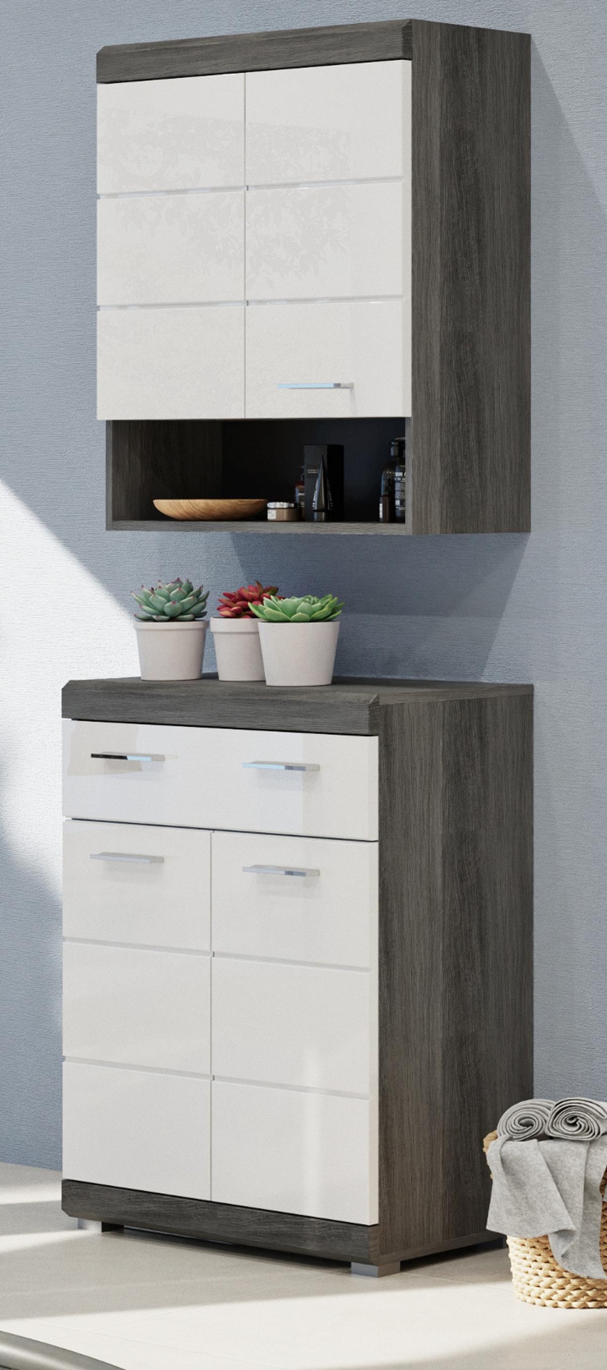 HÄNGESCHRANK weiß Hochglanz, grau 74 cm, Badschrank 2-türig - Chromfarben/Weiß Hochglanz, Holzwerkstoff/Kunststoff (74/79/24cm) - Inn.Furn