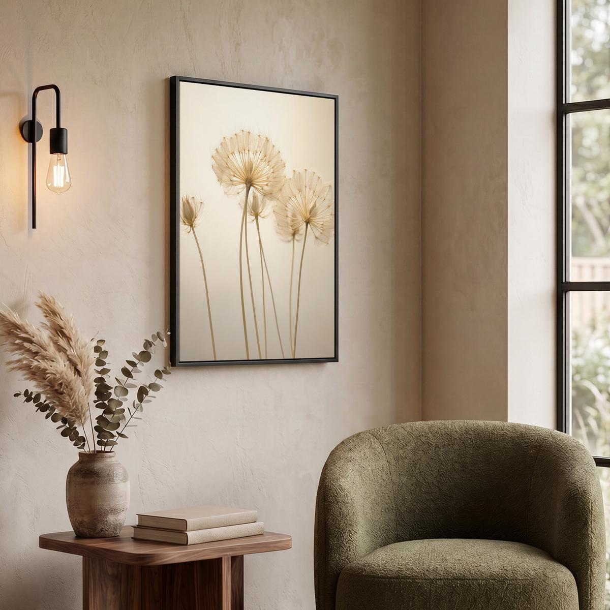 LEINWAND Bilder mit Rahmen - Sonnenlicht - Löwenzahn - Botanisch - Blumen - 50x70 - Creme, Textil (50/70cm) - MuchoWow