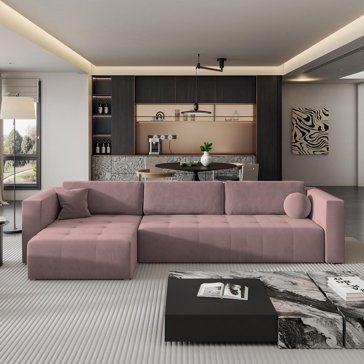 ECKSOFA OLVERA Rosa Plüsch-Stoff mit Schlaffunktion - Rosa, Holz (347/148cm) - MASSENO
