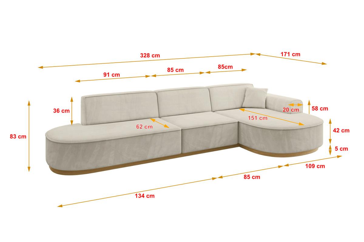 ECKSOFA Ottomane Rechts MARI-L2-v2 - 328x171x83 cm Ecru Velours - Ecru, Holzwerkstoff/Textil (171/328cm) - ALTDECOR