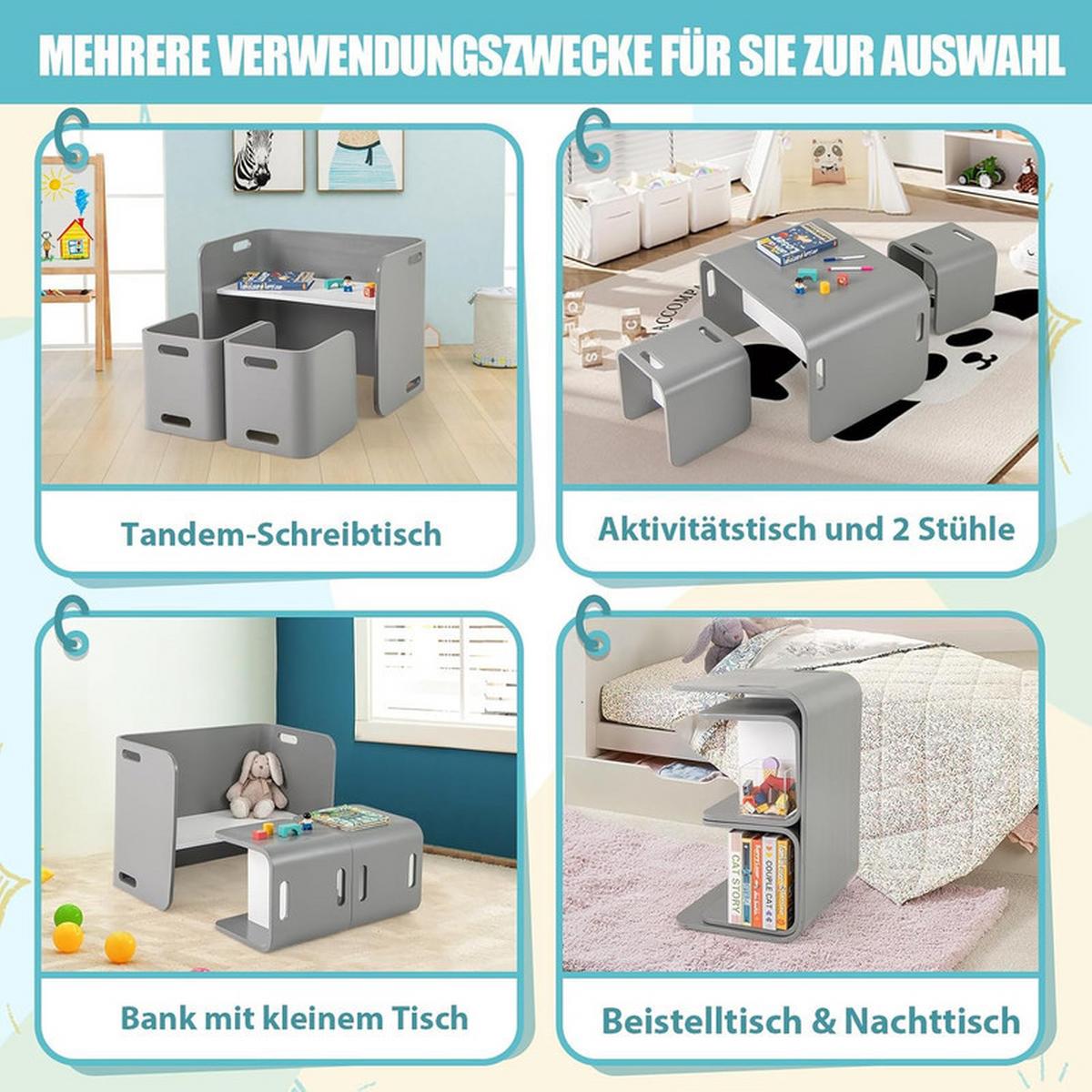 KINDERTISCH‑SET aus Birkenholz grau(3-tlg) - Grau, Holz (66/51/41cm) - COSTWAY