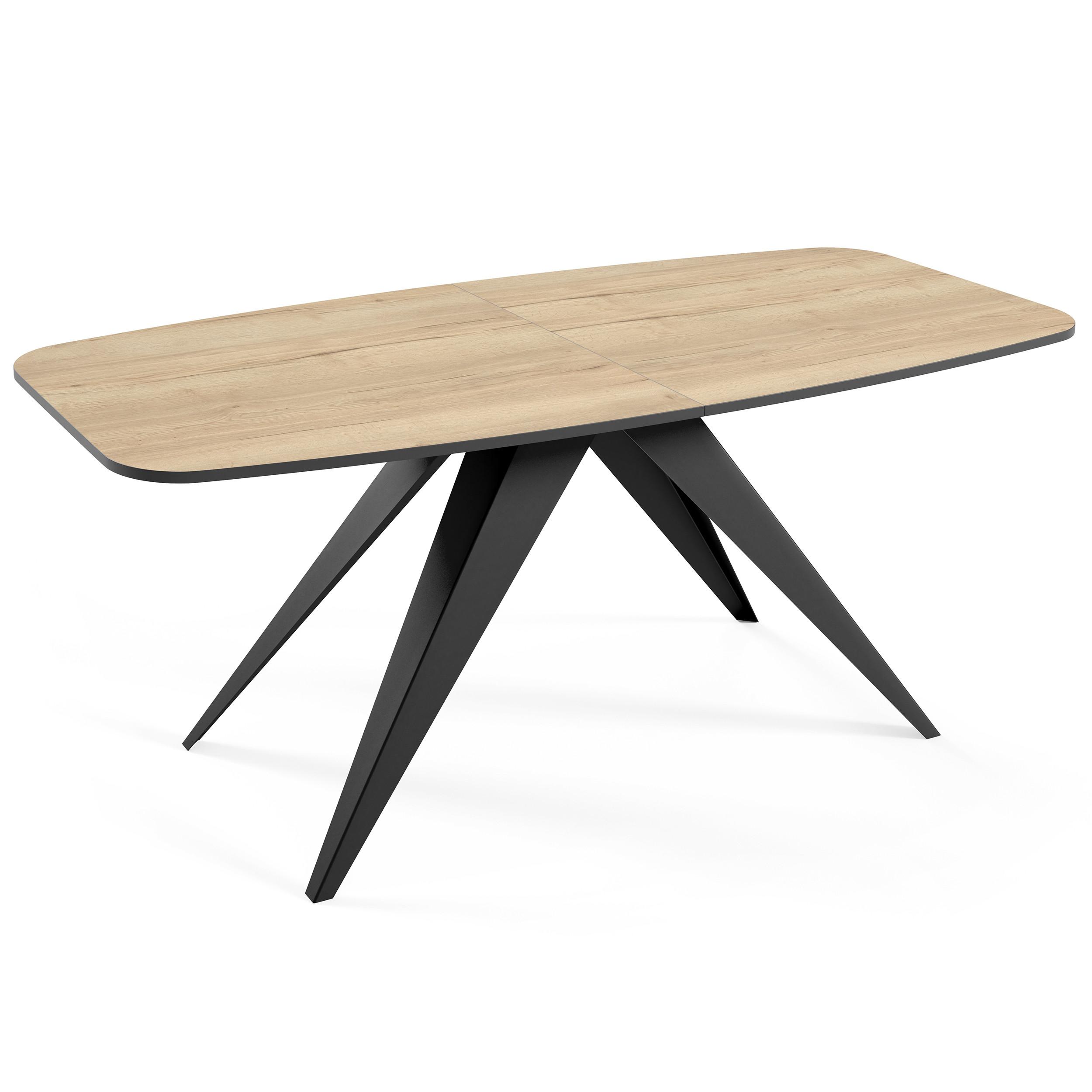ESSTISCH Ferini, Ovaler Tisch mit Ausziehfunktion, 180-220x90 cm, Schwarz+eiche Halifax - Eichefarben/Schwarz, Metall (180/90/76cm) - Beautysofa
