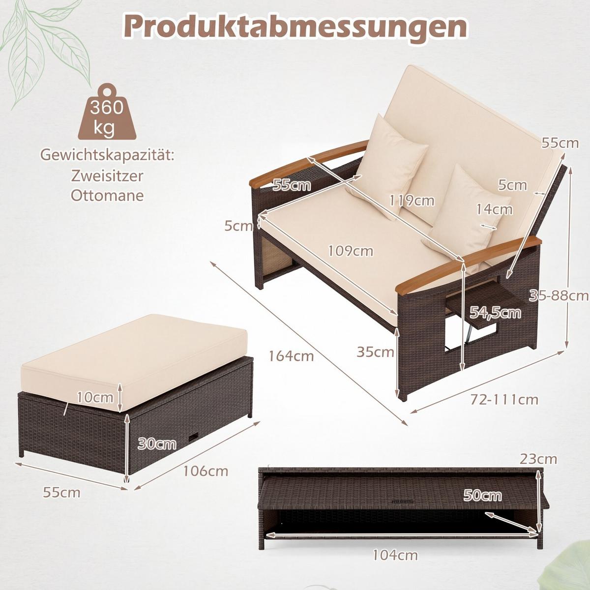 SONNENLIEGE geflochtene Doppel liege beige - Beige, Metall (164/88/72cm) - COSTWAY