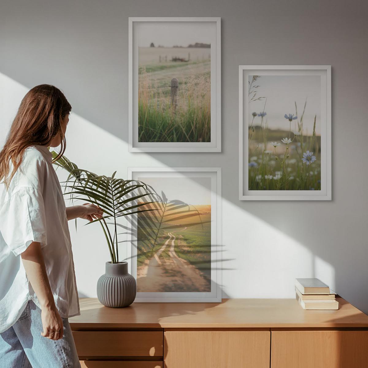 BILDER SET 3er Set - 40x60 cm Weißer Rahmen - Landschaften Natur Felder Weg - Weiß, Kunststoff (40/60cm) - TULUP