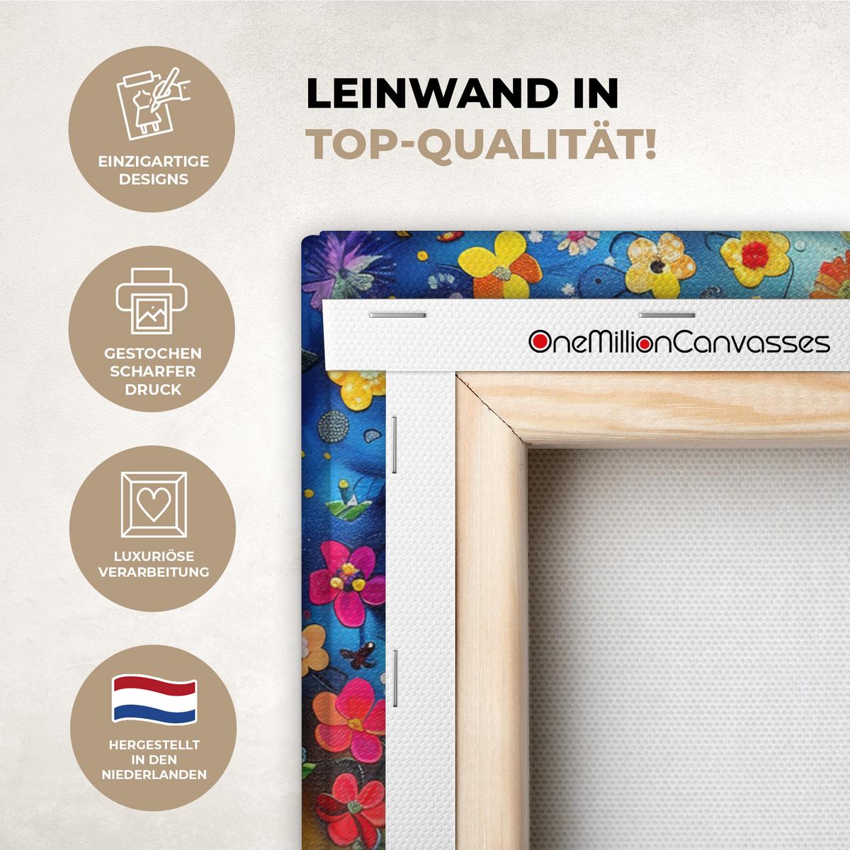 LEINWANDBILD Kunst - Baum des Lebens - Blumen - Hippie Wanddeko 90x60 cm - Dunkelblau, Textil (90/60cm) - MuchoWow