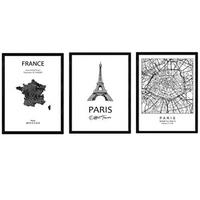 POSTER Set Mit 3 Paris Stadtplan, Eifell Turm A4 Rahmenlos - Klar, Papier (29.7/5/21cm) - Nacnic