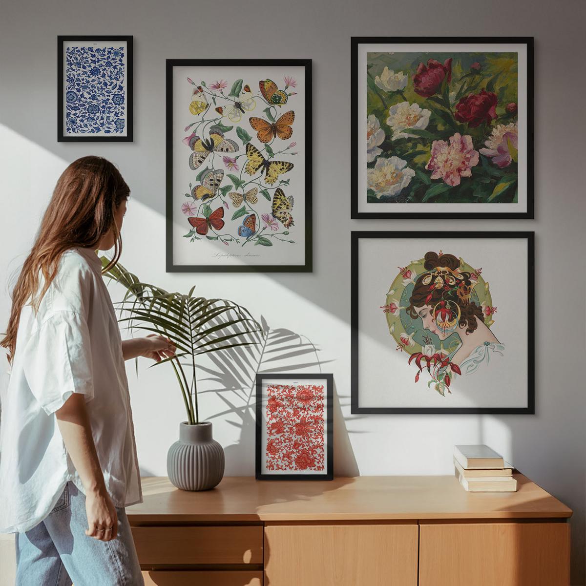 BILDER SET 5er Set - 50x50 cm & 20x30 cm & 40x60 cm Schwarzer Rahmen - Vintage-Blumen-Schmetterlings-Ornamente - Schwarz, Kunststoff (40/60cm) - TULUP