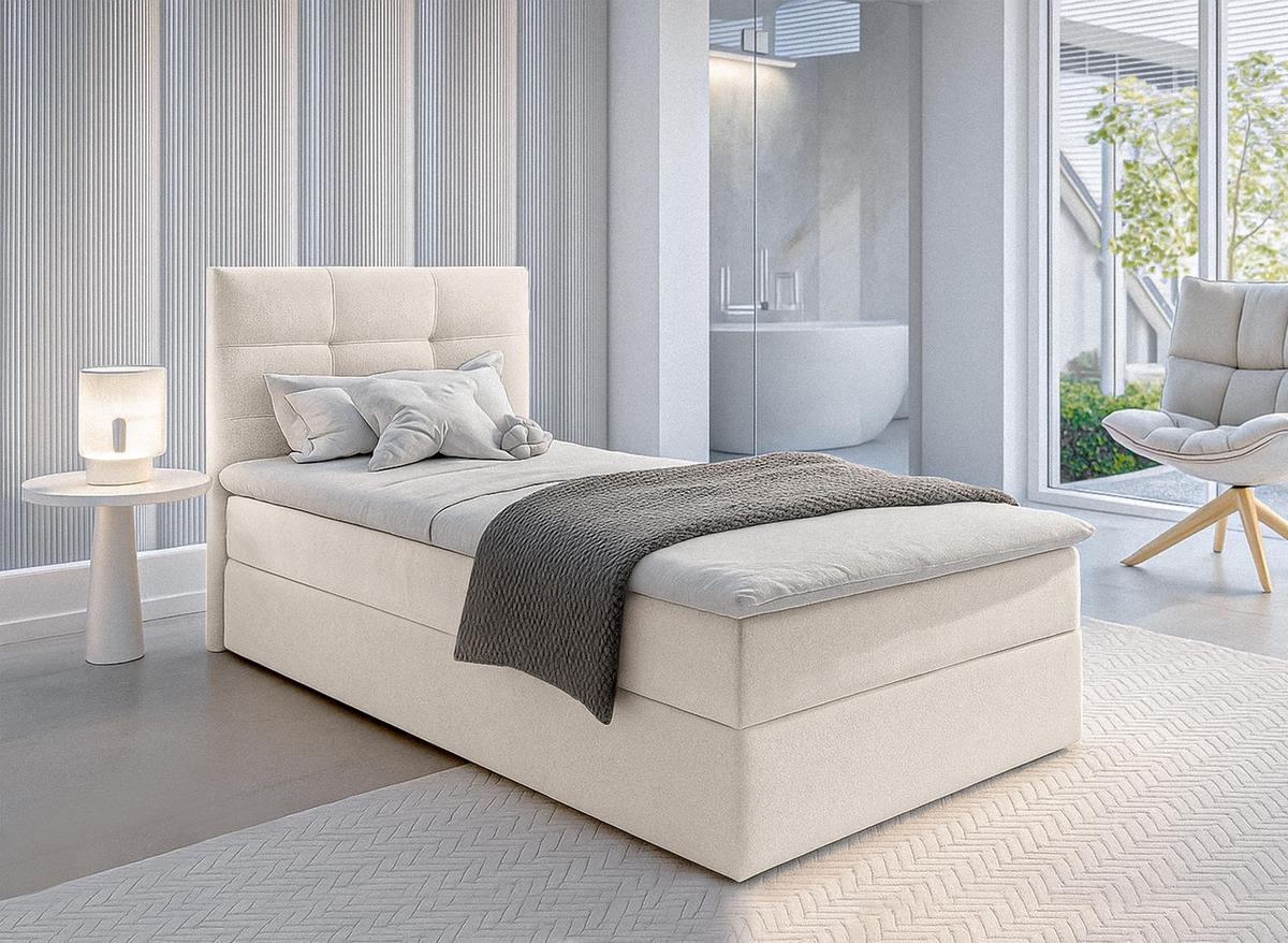 BOXBETT GECETENI 100x200 cm mit Bettkasten und Matratze - Beige + TOPPER - Beige/Schwarz, Holz/Holzwerkstoff (100/200cm) - AX Living