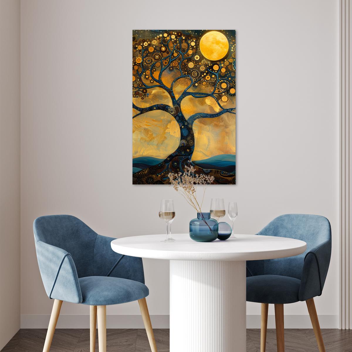 POSTER Baum - Mond - Blumen - Gold - Kunst Wanddeko 40x60 cm - Orange, Papier (40/60/0.1cm) - MuchoWow