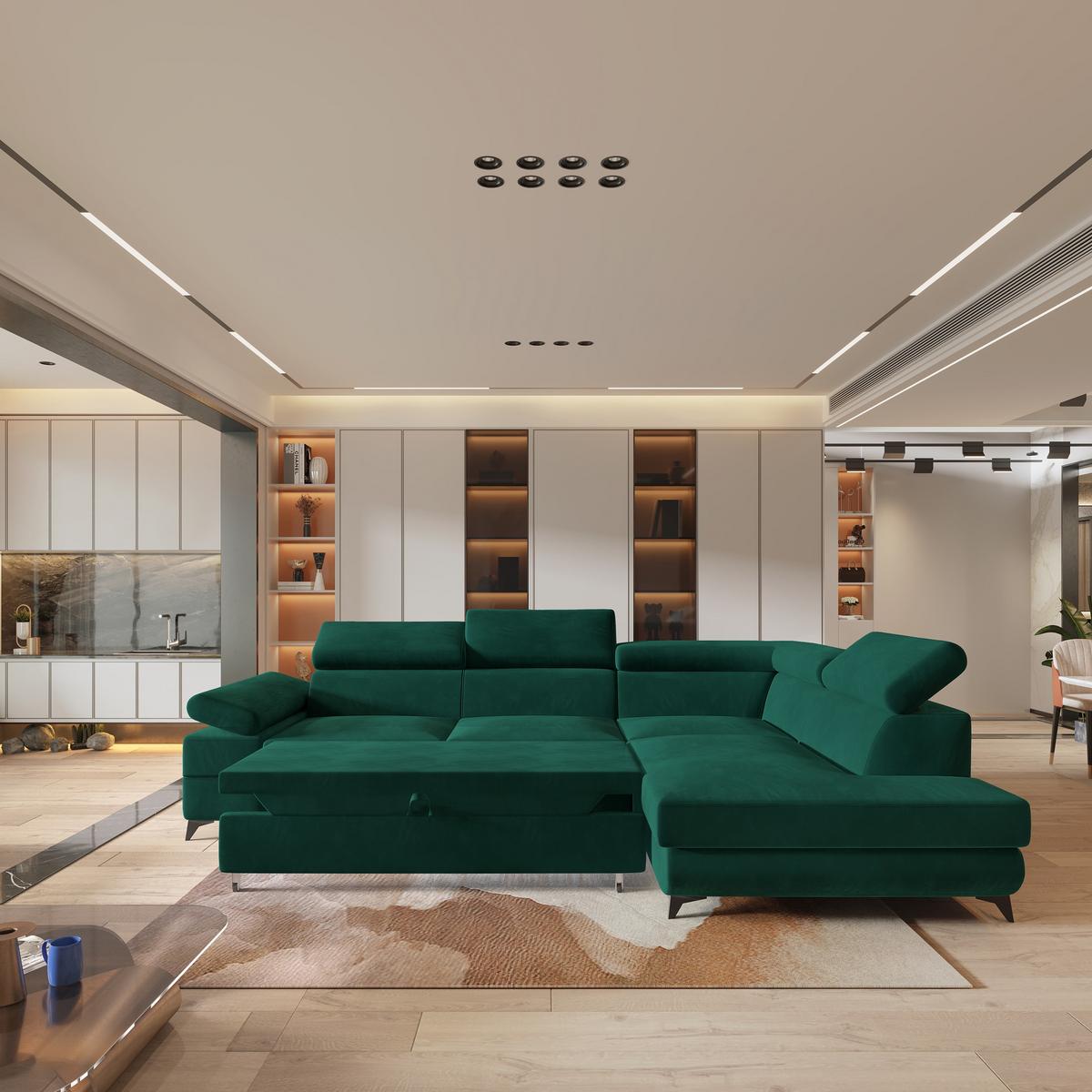ECKSOFA FAVIEN R-S Grün Velours-Stoff mit Schlaffunktion - Grün, Holz (257/190cm) - MASSENO