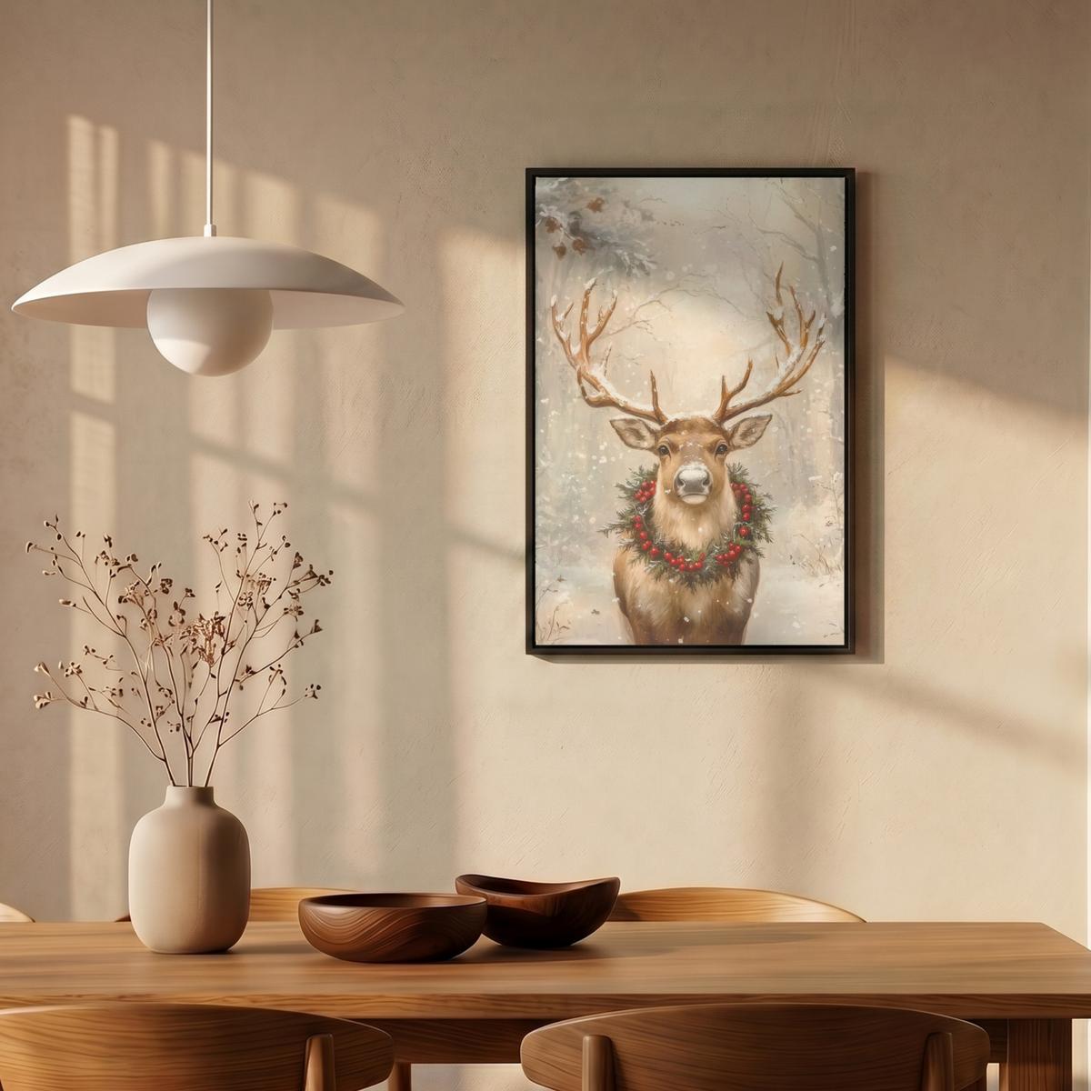 LEINWAND Bilder mit Rahmen - Weihnachten - Rentier - Winter - Kranz - 40x60 - Naturfarben, Textil (40/60cm) - MuchoWow