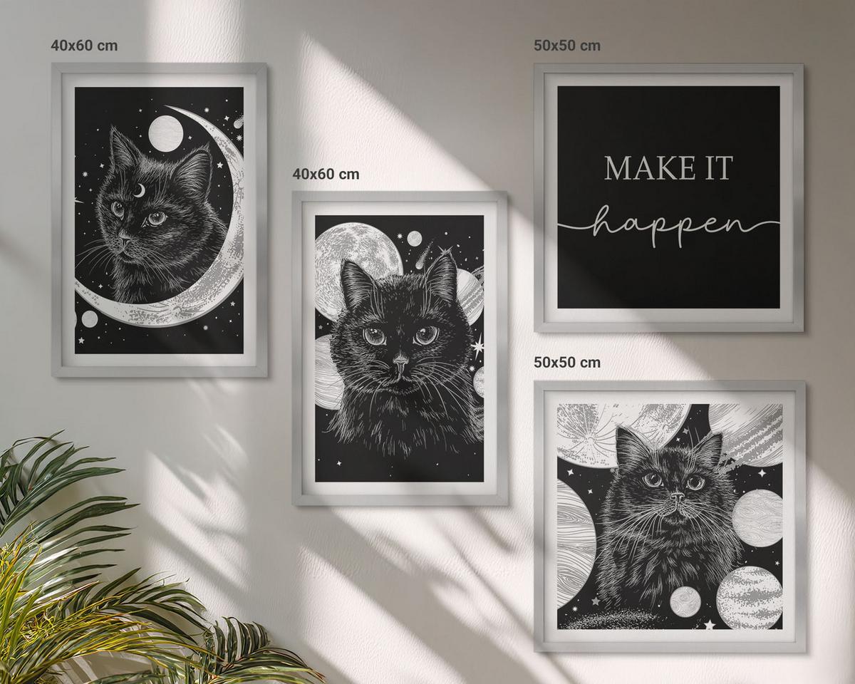 BILDER SET 4er Set - 50x50 cm & 40x60 cm Silberner Rahmen - Schwarze Katzen, Mond, Planet - Silberfarben, Kunststoff (50/50cm) - TULUP