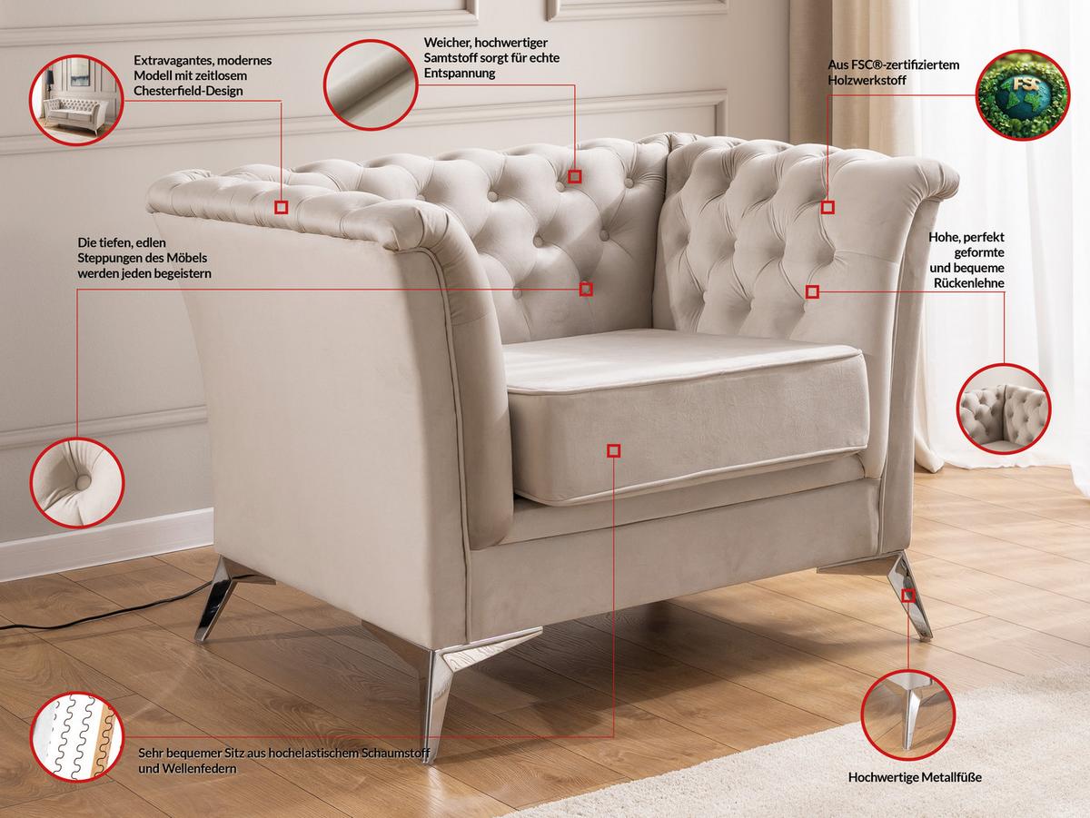 CHESTERFIELD-SESSEL Whitby Beige Samt mit silbernen Füßen - Beige/Silberfarben, Holz/Textil (116/78/82cm) - S-Style Möbel