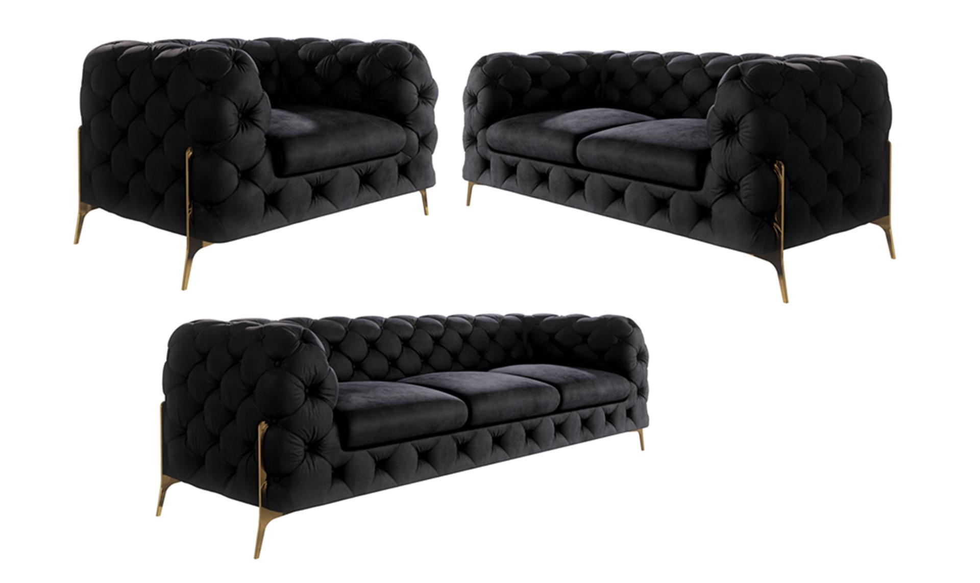 SITZGARNITUR 3+2+1 Chesterfield Lexi Schwarz Samt - Goldfarben/Schwarz, Holz/Textil (243/75/100cm) - S-Style Möbel