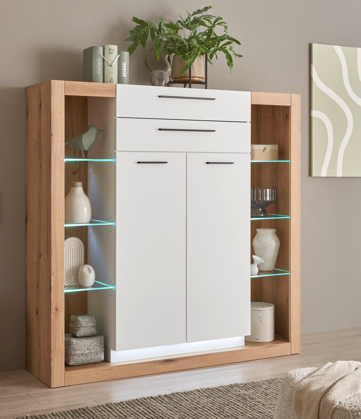 HIGHBOARD weiß matt, Evoke Eiche, Kommode 141 x 139 cm - Eichefarben/Silberfarben, Glas/Holzwerkstoff (141/139/37cm) - Furn.Design