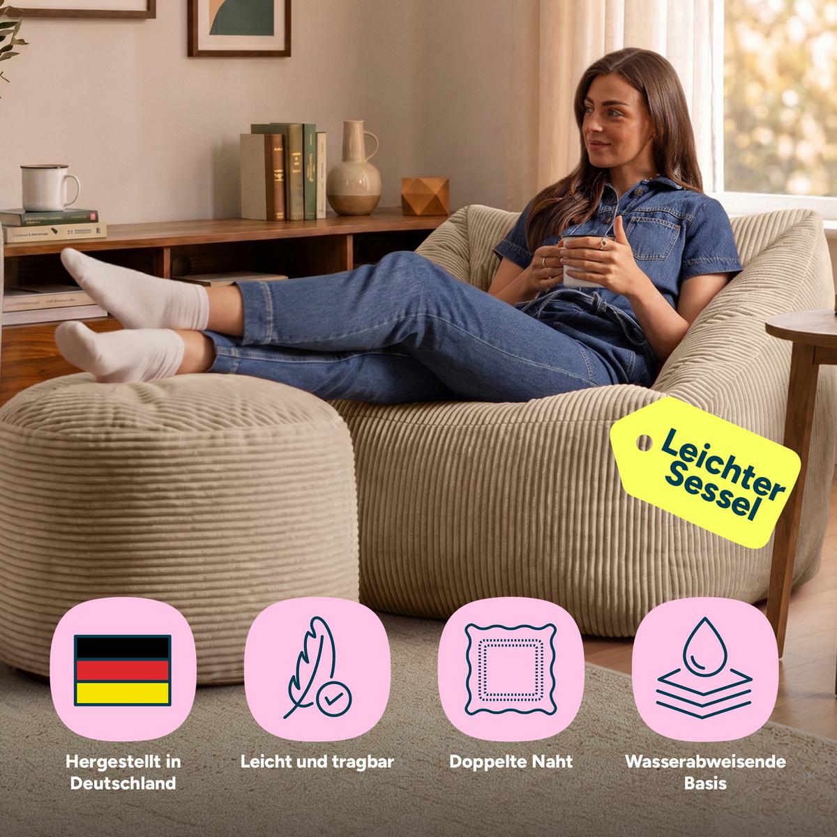 SITZSACK Sessel Natalia mit Sitzpouf - Beige, Textil (97/73/84cm) - icon