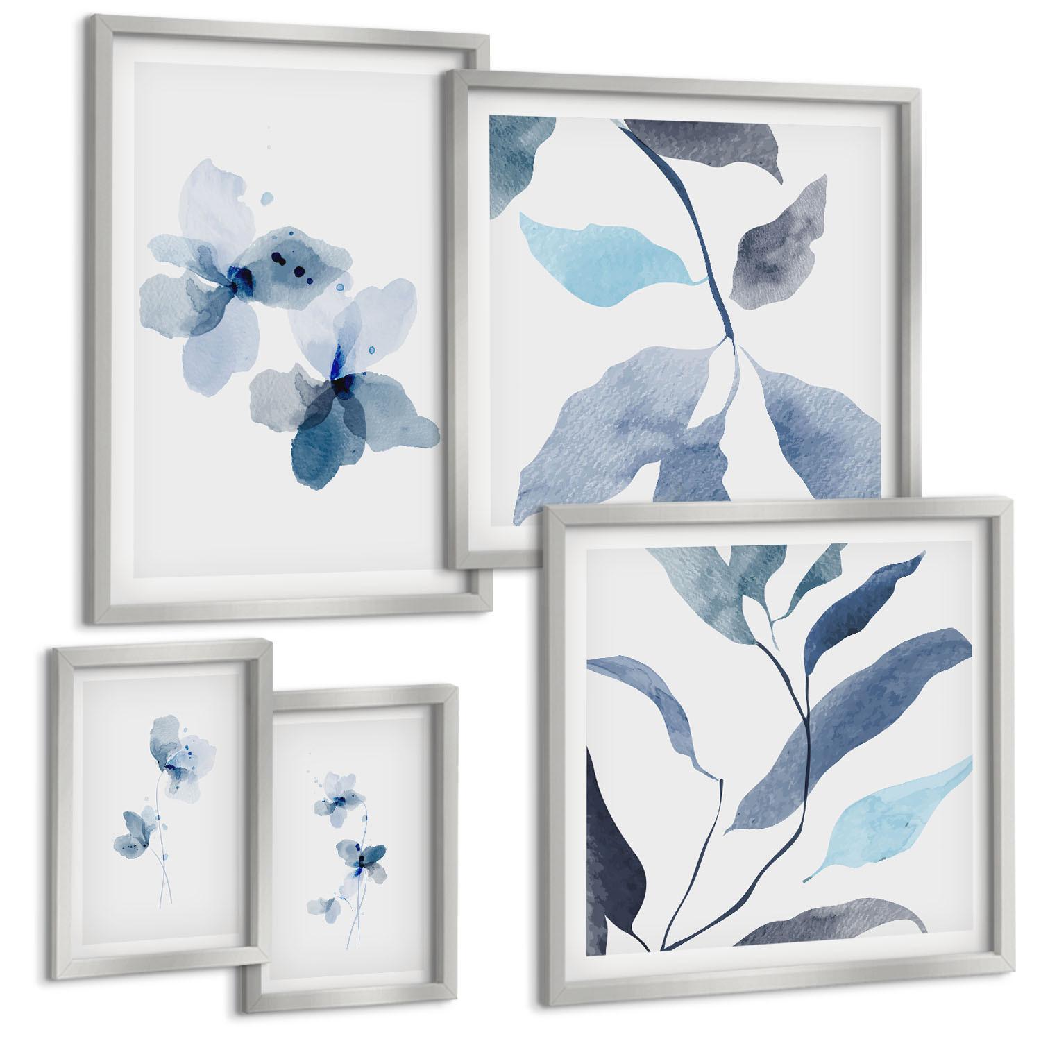 BILDER SET 5er Set - 50x50 cm & 20x30 cm & 40x60 cm Silberner Rahmen - Minimalistische blaue Blumen - Silberfarben, Kunststoff (40/60cm) - TULUP