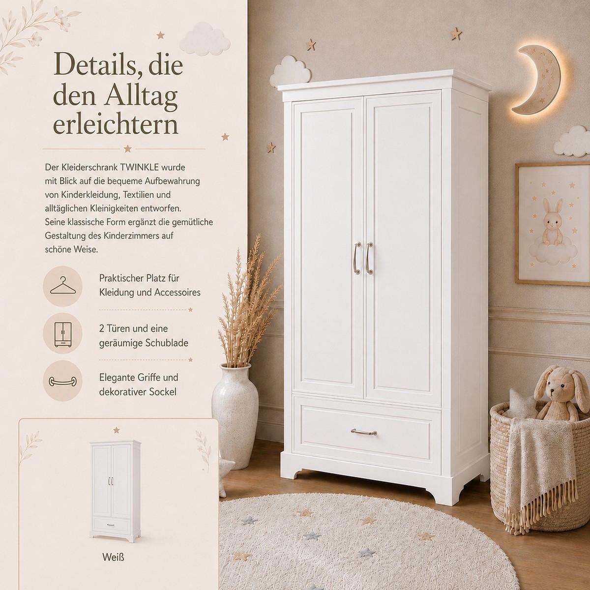 KLEIDERSCHRANK TWINKLE für das Kinderzimmer Weiß matt - Weiß, Holzwerkstoff (98/180/53cm) - Lookway