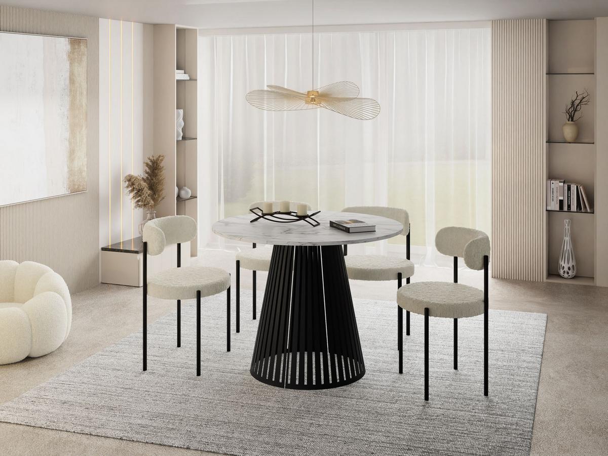 ESSTISCH Naro rund ausziehbar mit Schwarzem Lamellen-Metallgestell, Marmor Weiß 120-200/120/76 cm - Ecru/Schwarz, Holzwerkstoff/Metall (120/196/76cm) - WFL GROUP