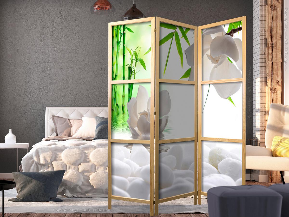 PARAVENT Japanischer 3-tlg 135x172 cm Steine Pflanzen 3D - Multicolor, Holz/Textil (135/172/3cm) - Muralo