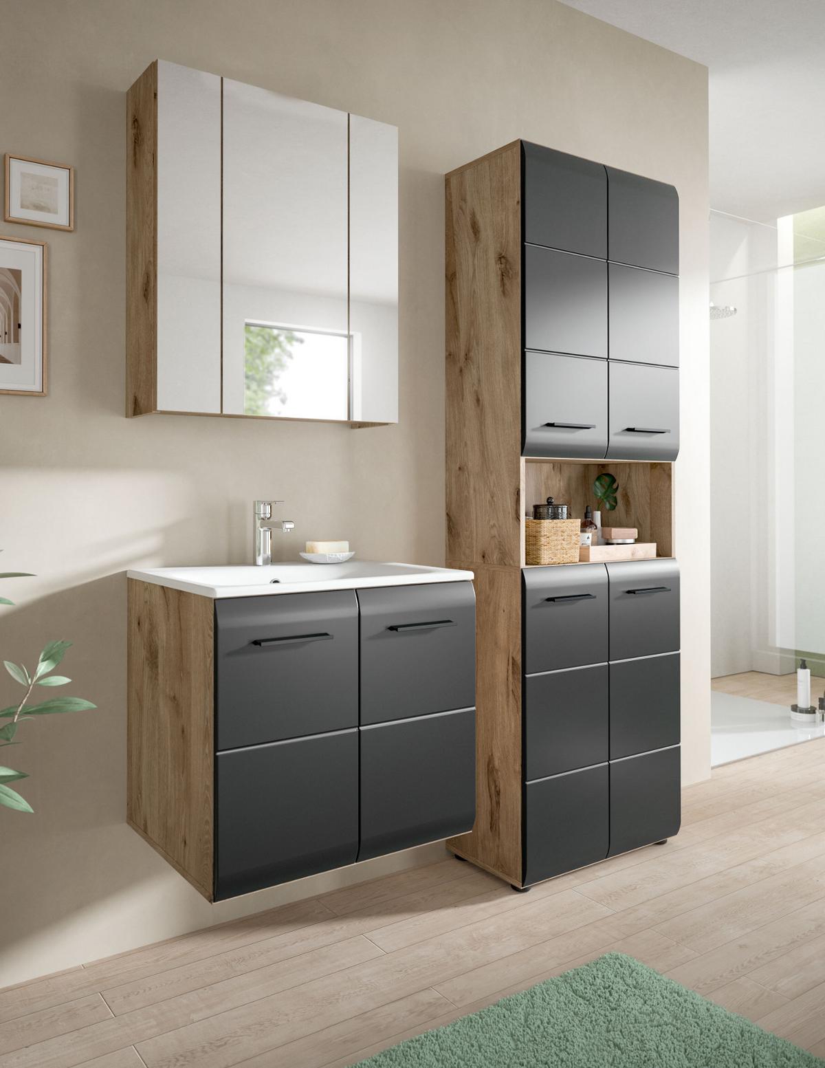 BADMÖBEL-SET 3-teilig schwarz matt, Nox Eiche, Badkombination 135 cm inklusive Waschbecken - Eichefarben/Schwarz, Glas/Holzwerkstoff (135/185/46cm) - Inn.Furn