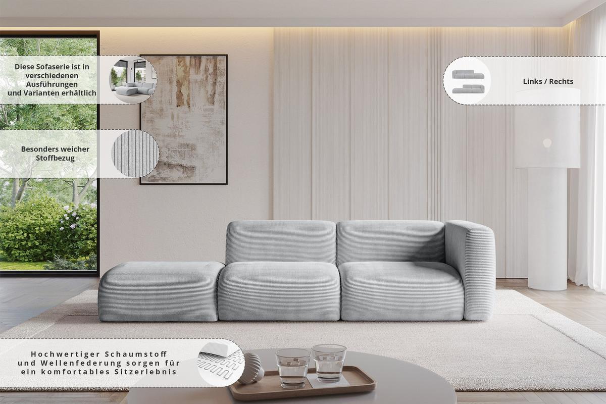SOFA Ottomane Rechts MIRA-S3 296x89x70 Hellgrau Velours - Hellgrau/Schwarz, Holzwerkstoff/Kunststoff (296/70/89cm) - ALTDECOR