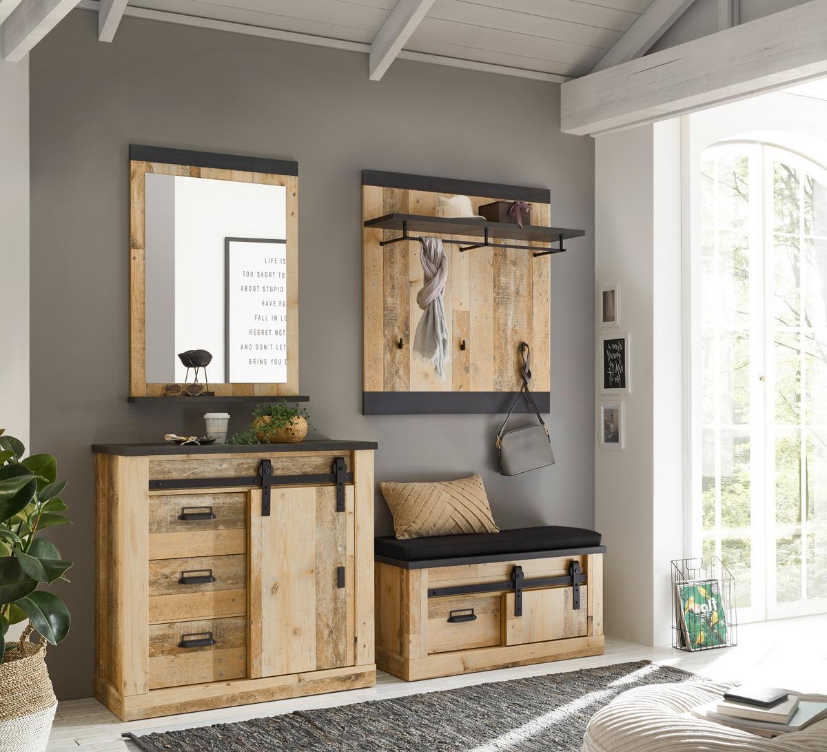 GARDEROBENBANK Used Wood Vintage 93 x 46 cm, Schiebetür und Soft-Close - Anthrazit/Schwarz, Holzwerkstoff/Metall (93/46/43cm) - Furn.Design