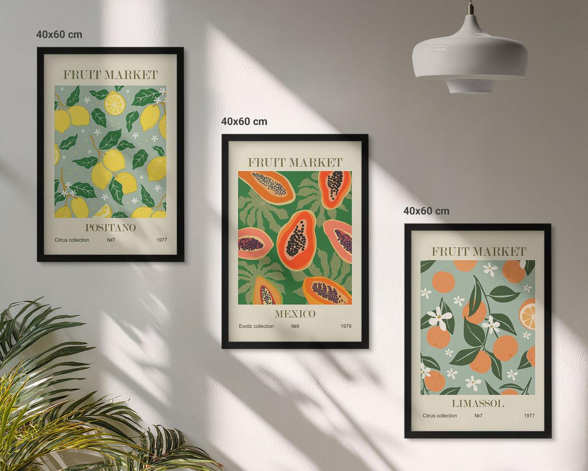 BILDER SET 3er Set - 40x60 cm Schwarzer Rahmen - Fruchtposter Zitronen Papayas - Schwarz, Kunststoff (40/60cm) - TULUP