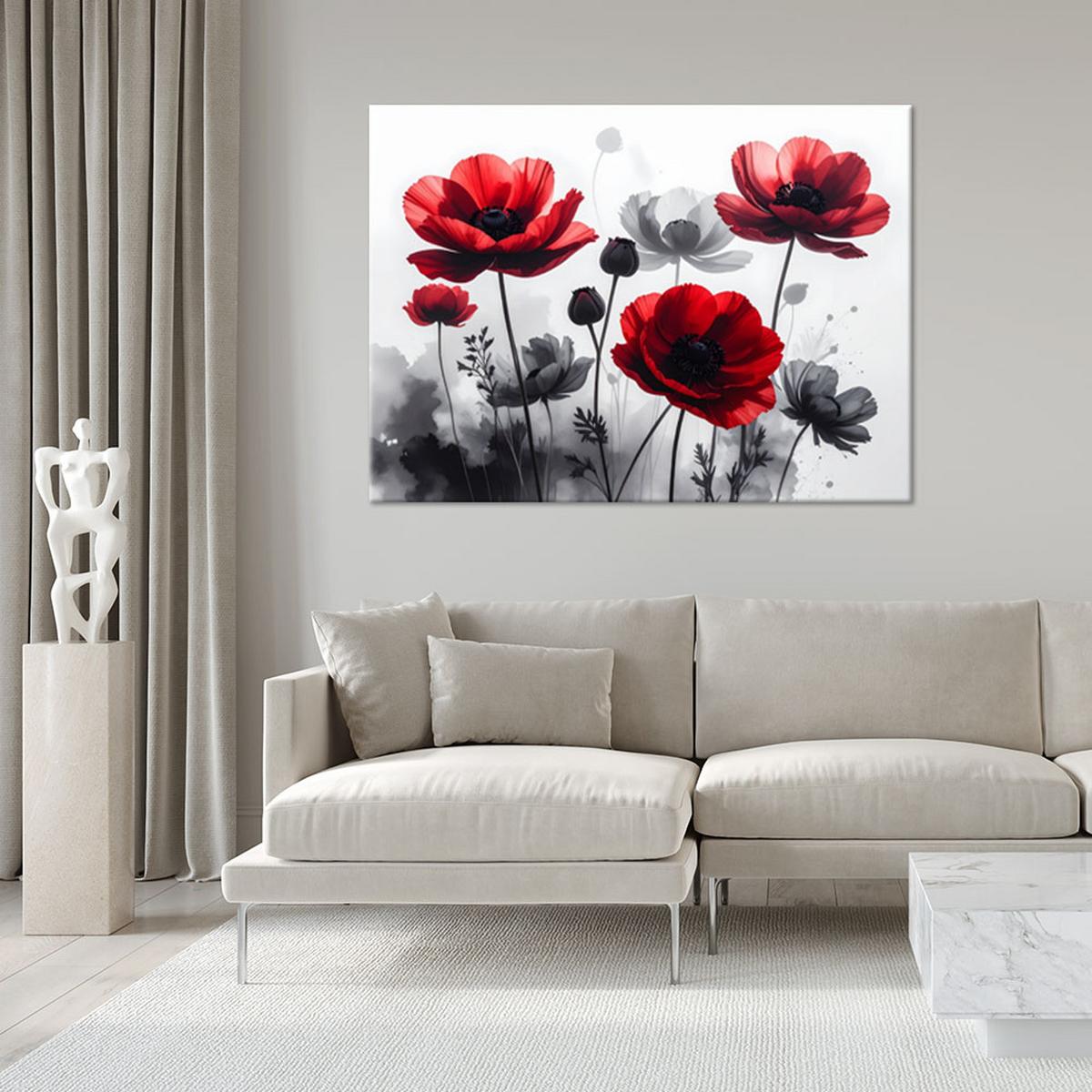 LEINWANDBILDER, Rote graue Blumen Pflanzen - Rot, Textil (100/70cm) - Feeby