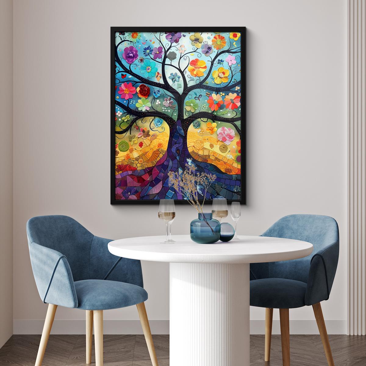 POSTER MIT RAHMEN Kunst - Baum des Lebens - Blumen - Hippie Posterleiste 60x80 cm - Dunkelblau, Papier (60/80cm) - MuchoWow